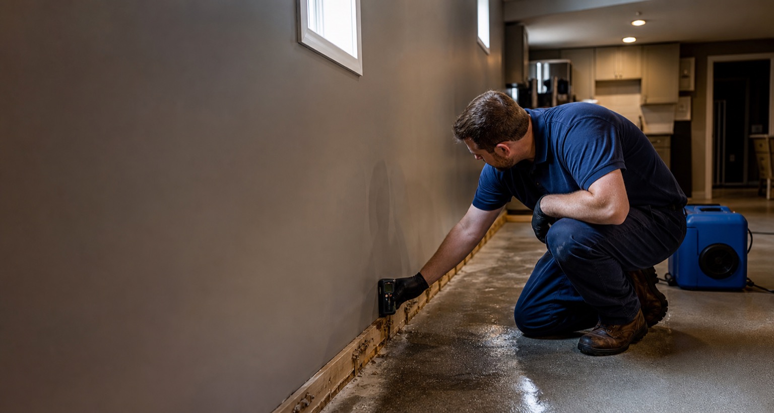 Water damage technician evaluating moisture conditions in a home